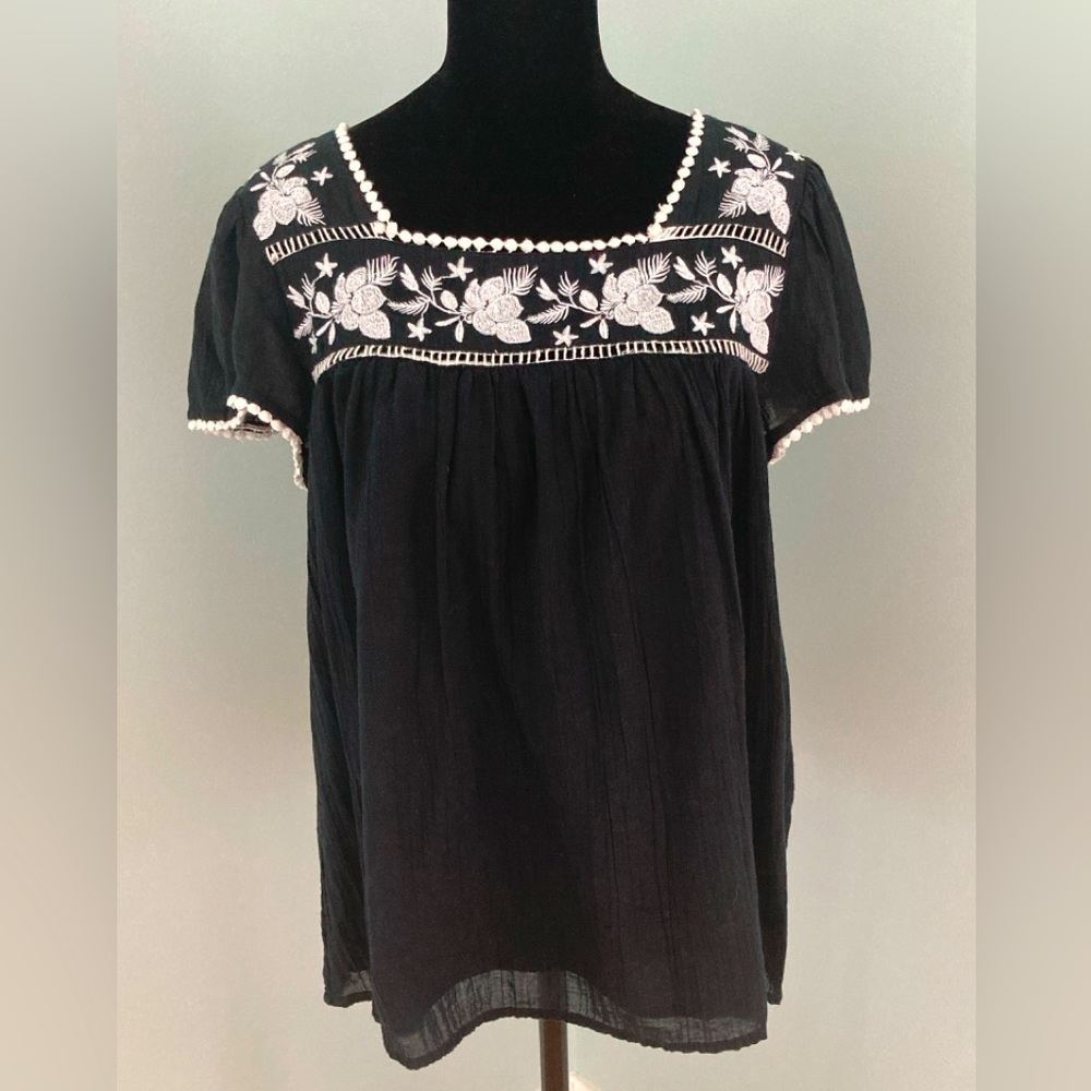 Crown & Ivy Cotton Gauze Fully Lined Black White Short Sleeve Top Size Small